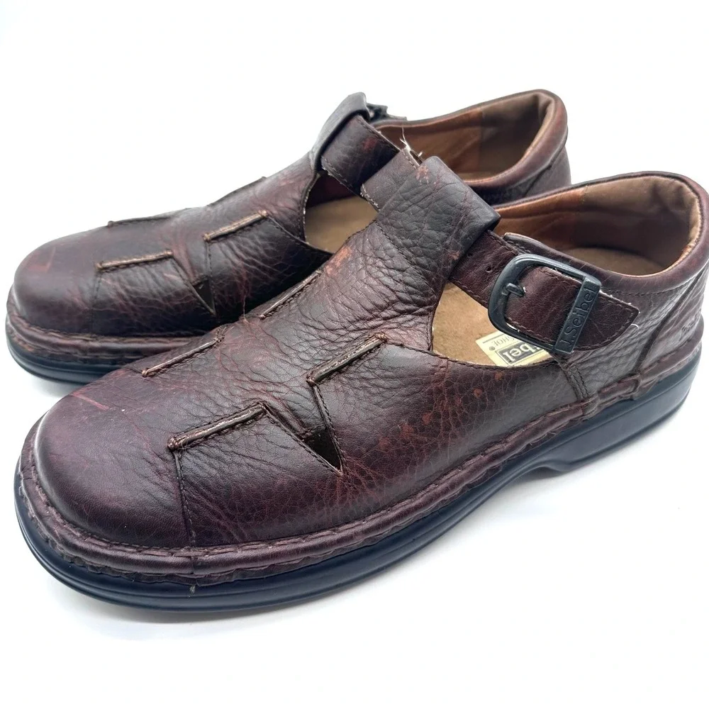 Josef Seibel Mens Brown Leather Fisherman Sandals Closed Toe Buckle Shoes Sz 44